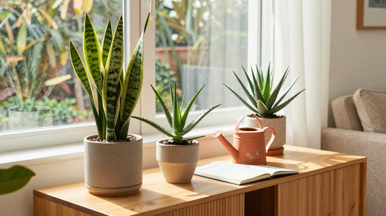 Drei Zimmerpflanzen auf Sideboard neben Fenster mit Gießkanne und offenem Buch im Sonnenschein.