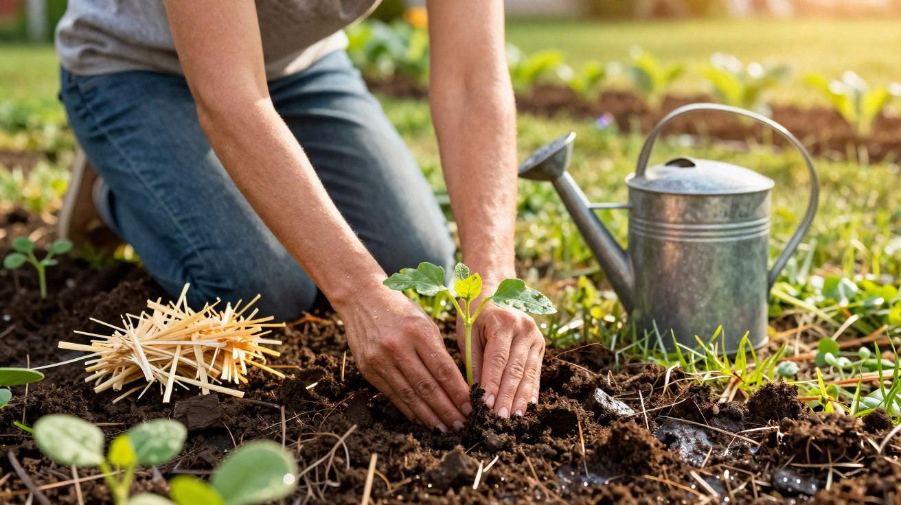 Person pflanzt Setzling in Erde, Metall-Gießkanne neben ihr, Garten mit Sonnenlicht im Hintergrund.
