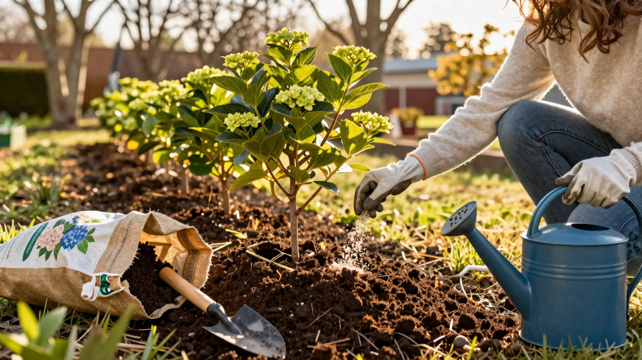 Person mit Gartenhandschuhen gießt und pflegt junge Pflanzen im Garten bei Sonnenlicht.