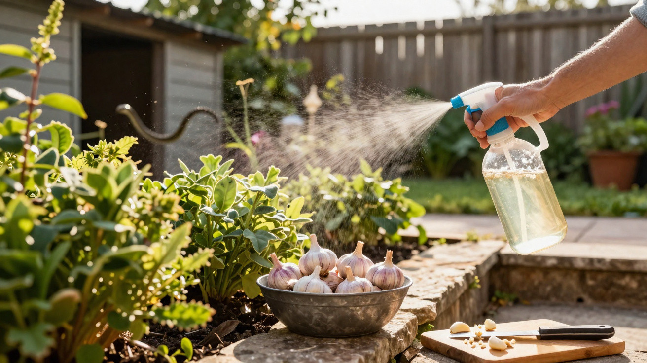 Hand sprüht Wasser auf Pflanzen in einem Garten neben einer Schüssel mit Knoblauchzehen.