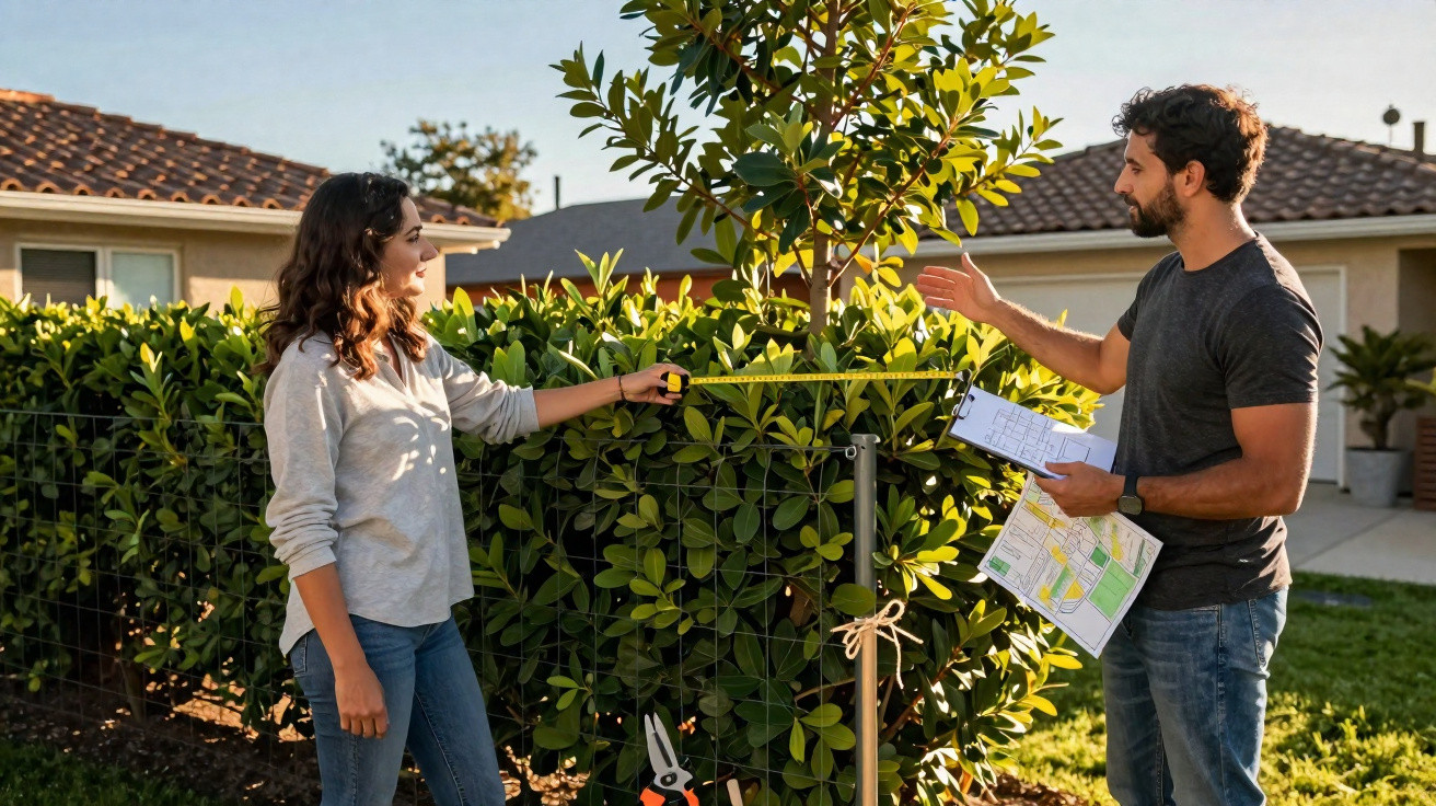 Frau misst mit Zollstock, Mann hält Baupläne, sie planen Gartenbereich vor Haus im Sonnenlicht.