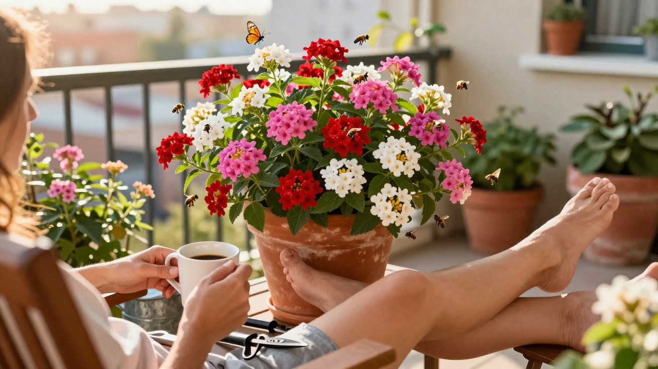 Frau entspannt auf Balkon mit Kaffee, bunte Blumentöpfe, umflogen von Schmetterling und Bienen.