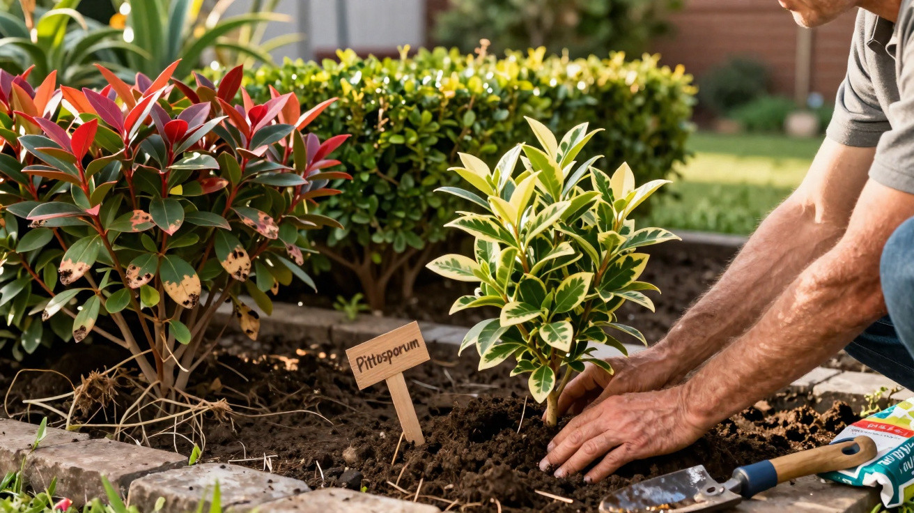 Mann pflanzt einen Pittosporum-Strauch in einem gepflegten Gartenbeet mit anderen Pflanzen und Gartengerät.