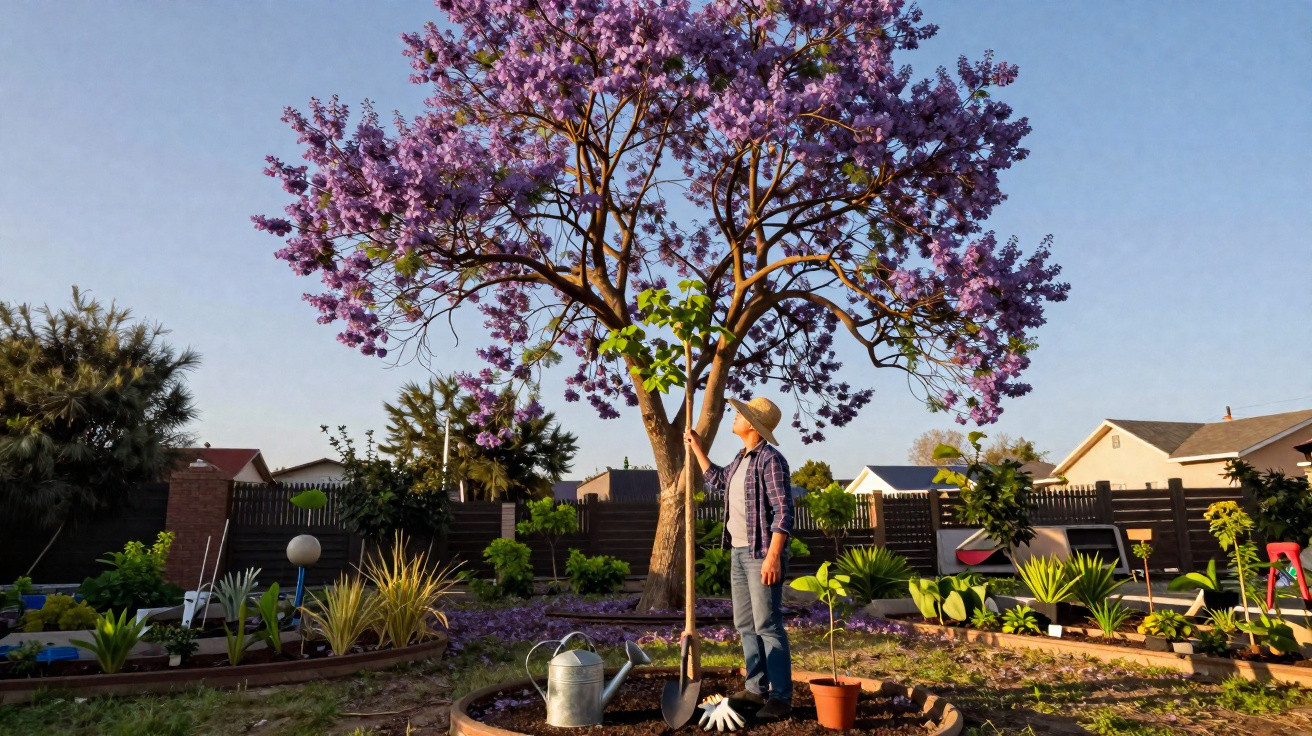 Frau mit Hut steht im Garten und pflegt einen blühenden Baum mit lila Blüten unter blauem Himmel.