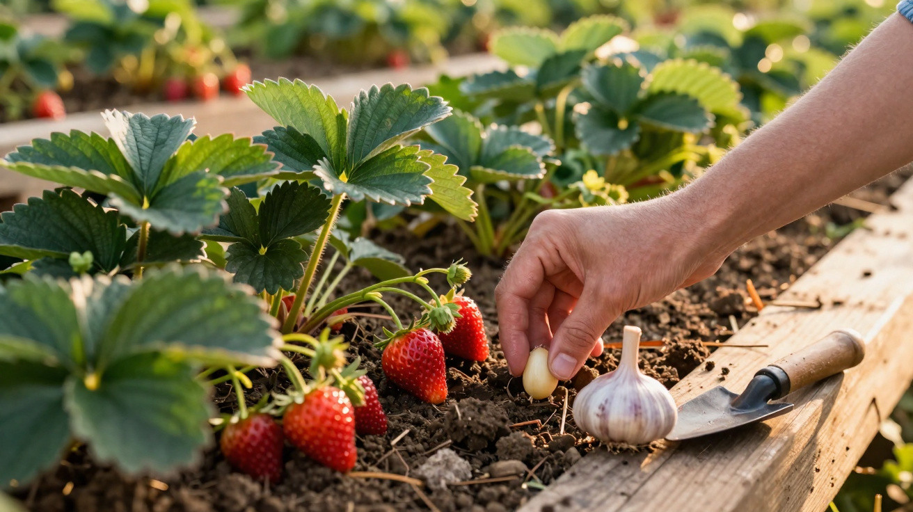 Hand pflanzt Knoblauchzehe in einem Beet mit reifen Erdbeerpflanzen und Gartengerät