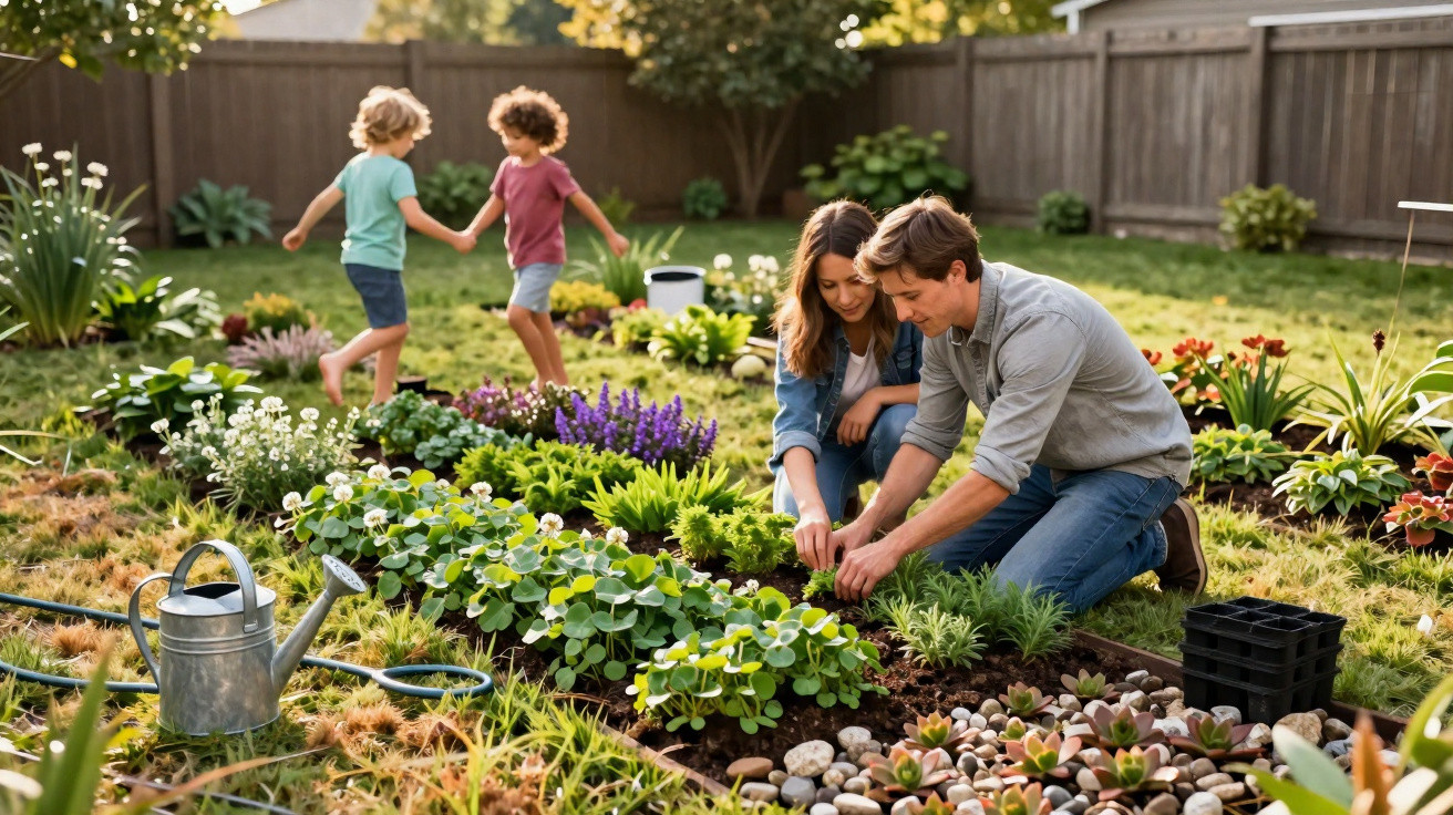 Familie pflanzt zusammen Blumen im Garten, während Kinder im Hintergrund fröhlich spielen.