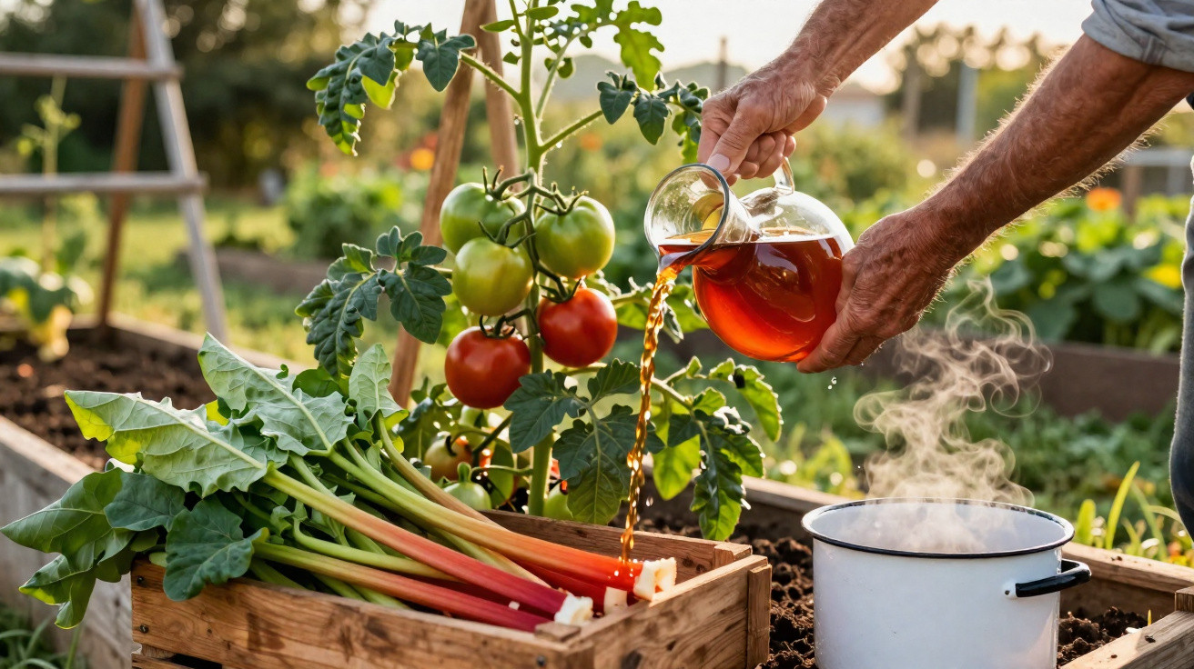 Person gießt Flüssigkeit aus Glasgefäß in Topf, frische Tomaten und Rhabarber in Holzkiste im Garten sichtbar.