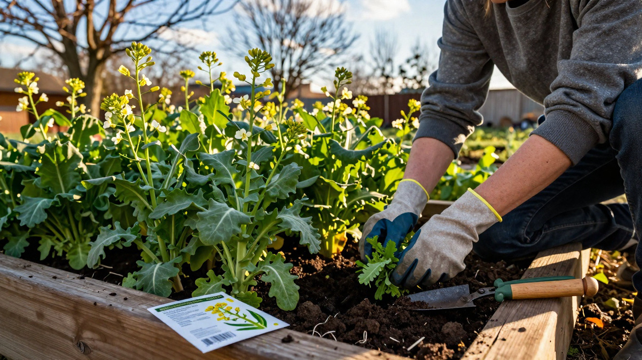 Person mit Handschuhen pflanzt Salatpflanzen in ein Hochbeet im Garten bei Tageslicht.