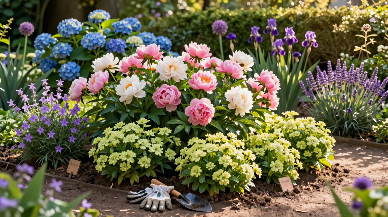 Bunter Blumengarten mit rosa Pfingstrosen, blauen Hortensien, lila Lavendel und Gartengerät auf Erde.