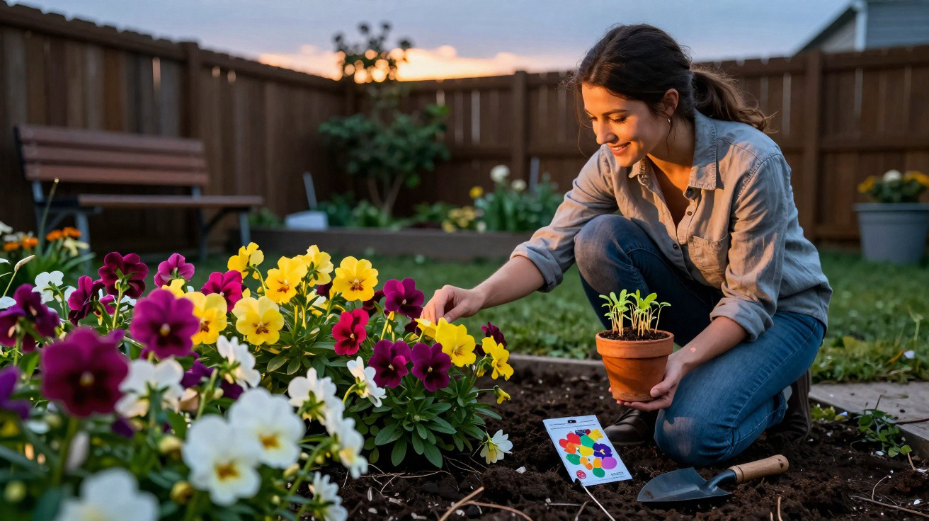 Frau pflanzt bunte Blumen im Garten bei Sonnenuntergang, hält Blumentopf und lächelt.