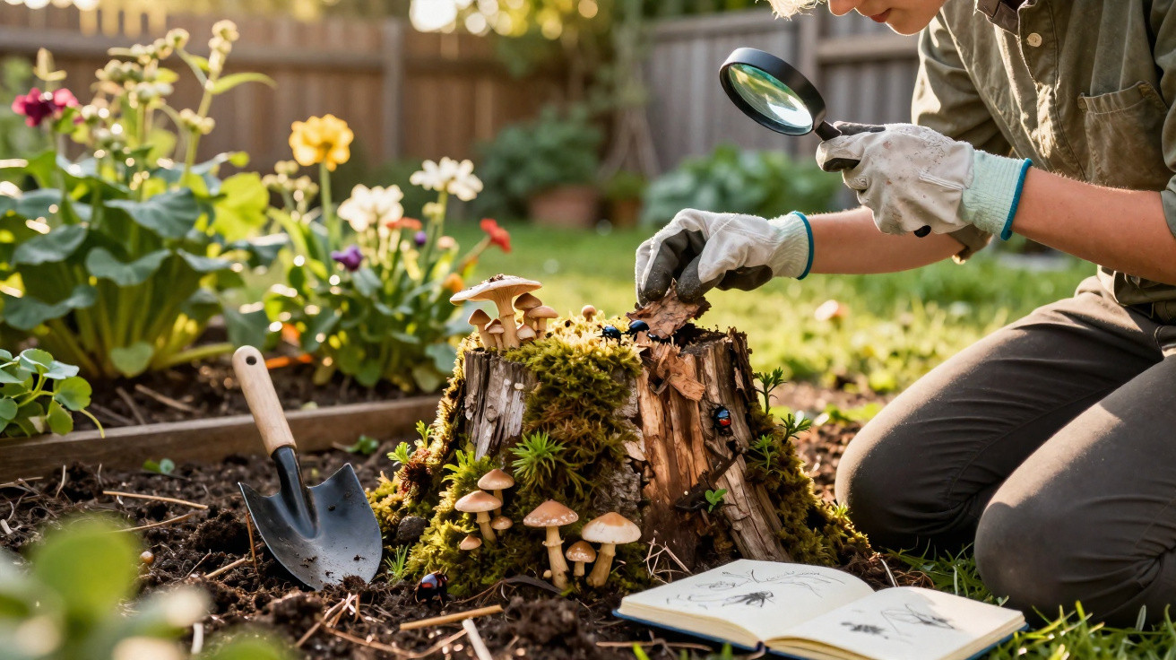 Kind untersucht mit Lupe Pilze und Käfer an einem Baumstumpf im Garten, neben Schaufel und Skizzenbuch.