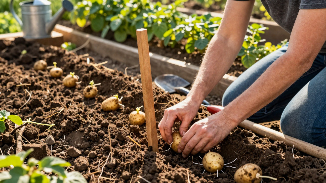 Person beim Kartoffelanbau, die Kartoffeln in lockere Erde in einem Hochbeet pflanzt.