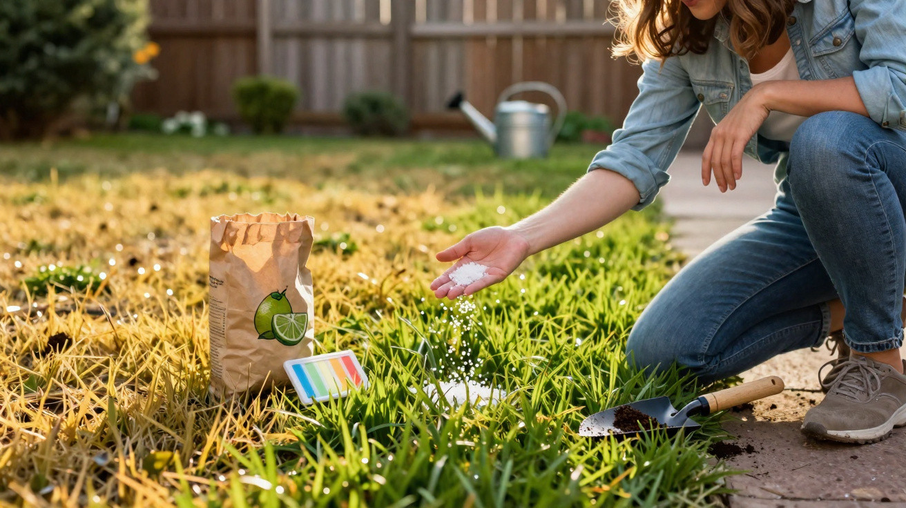 Frau testet Boden-pH-Wert im Garten, streut Substanz auf Gras neben Bodentest-Kit und Schaufel.