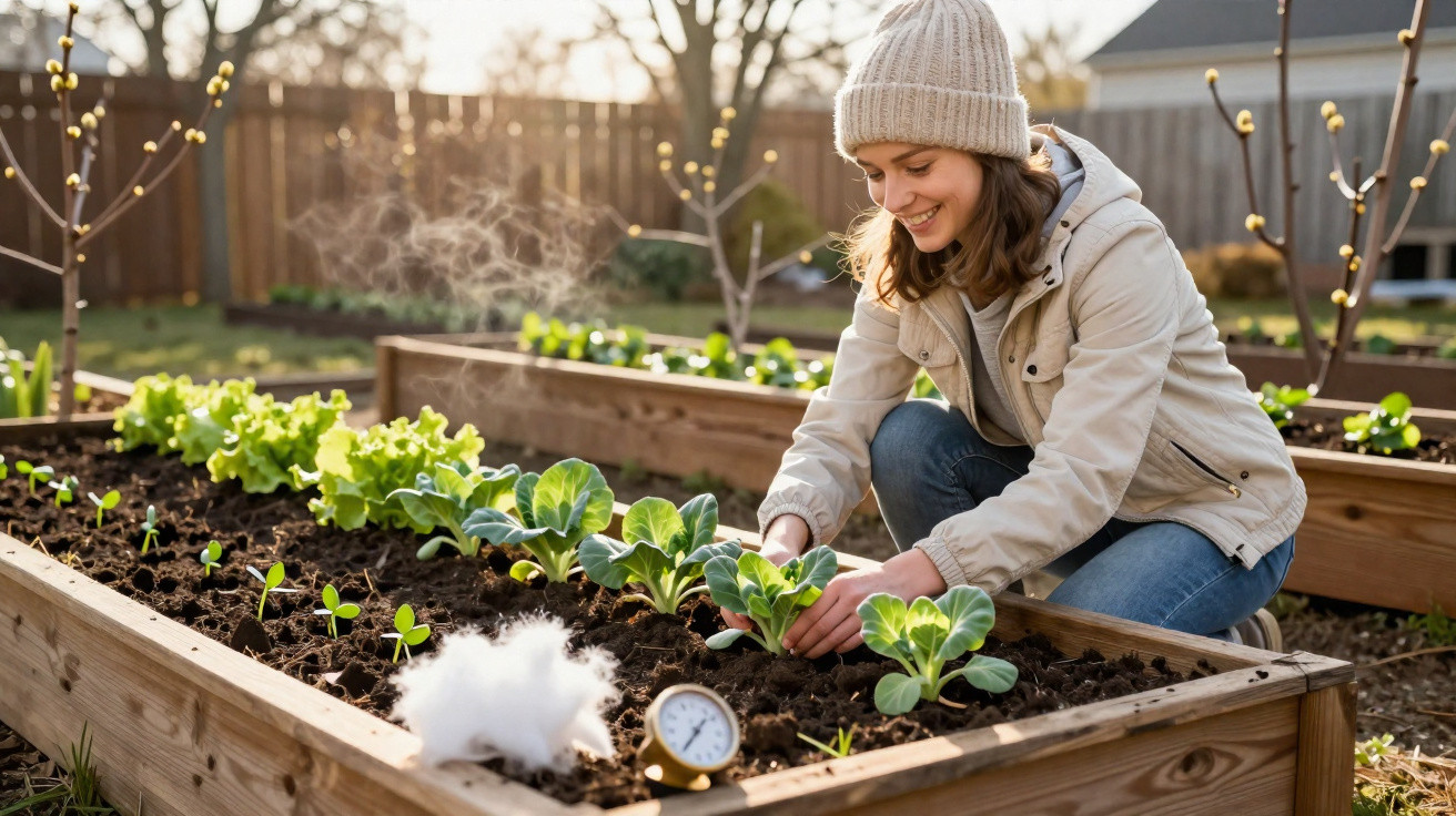 Frau pflanzt Gemüse in einem Hochbeet im Garten, trägt warme Kleidung und Mütze bei sonnigem Wetter.