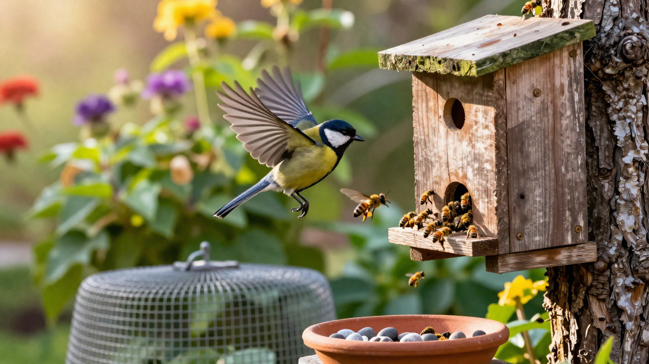 Kohlmeise im Flug vor einem Vogelnistkasten mit Bienen und Blumentopf im Garten.