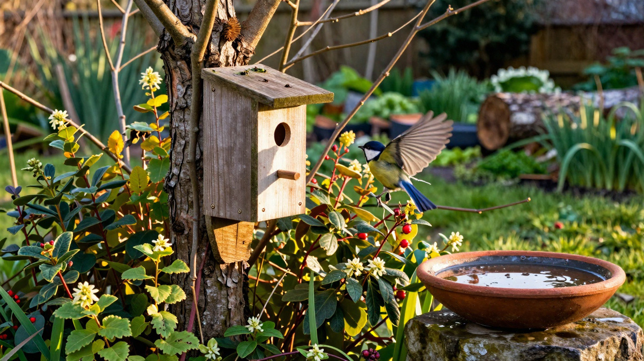 Vogel fliegt zum Holz-Nistkasten an Baum mit Blumen und Vogeltränke im sonnigen Garten.