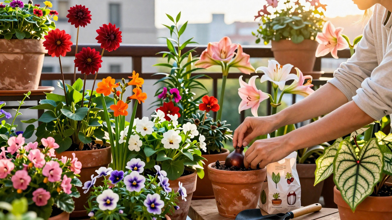 Person pflegt bunte Blumentöpfe mit verschiedensten Blumen auf einem sonnigen Balkon.