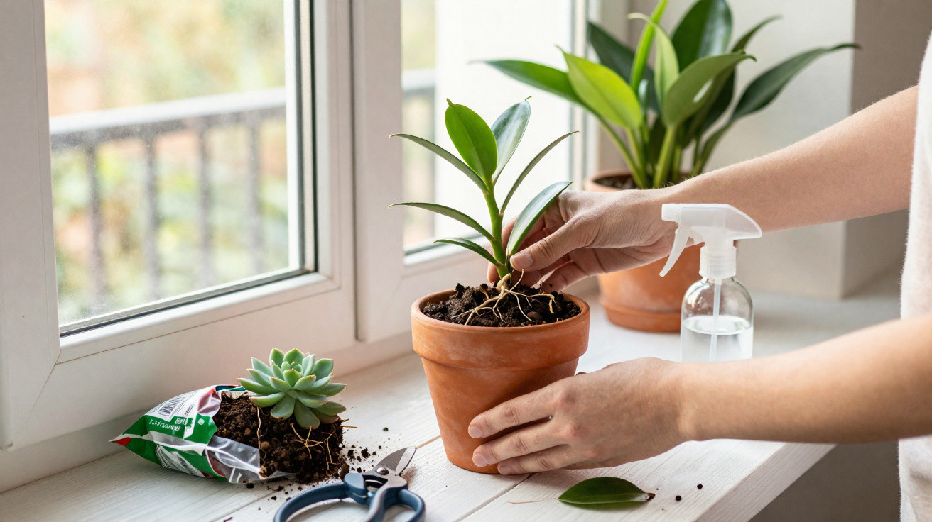 Person gießt Pflanze in Terrakottatopf auf Fensterbank mit Pflanzen und Gartenschere.