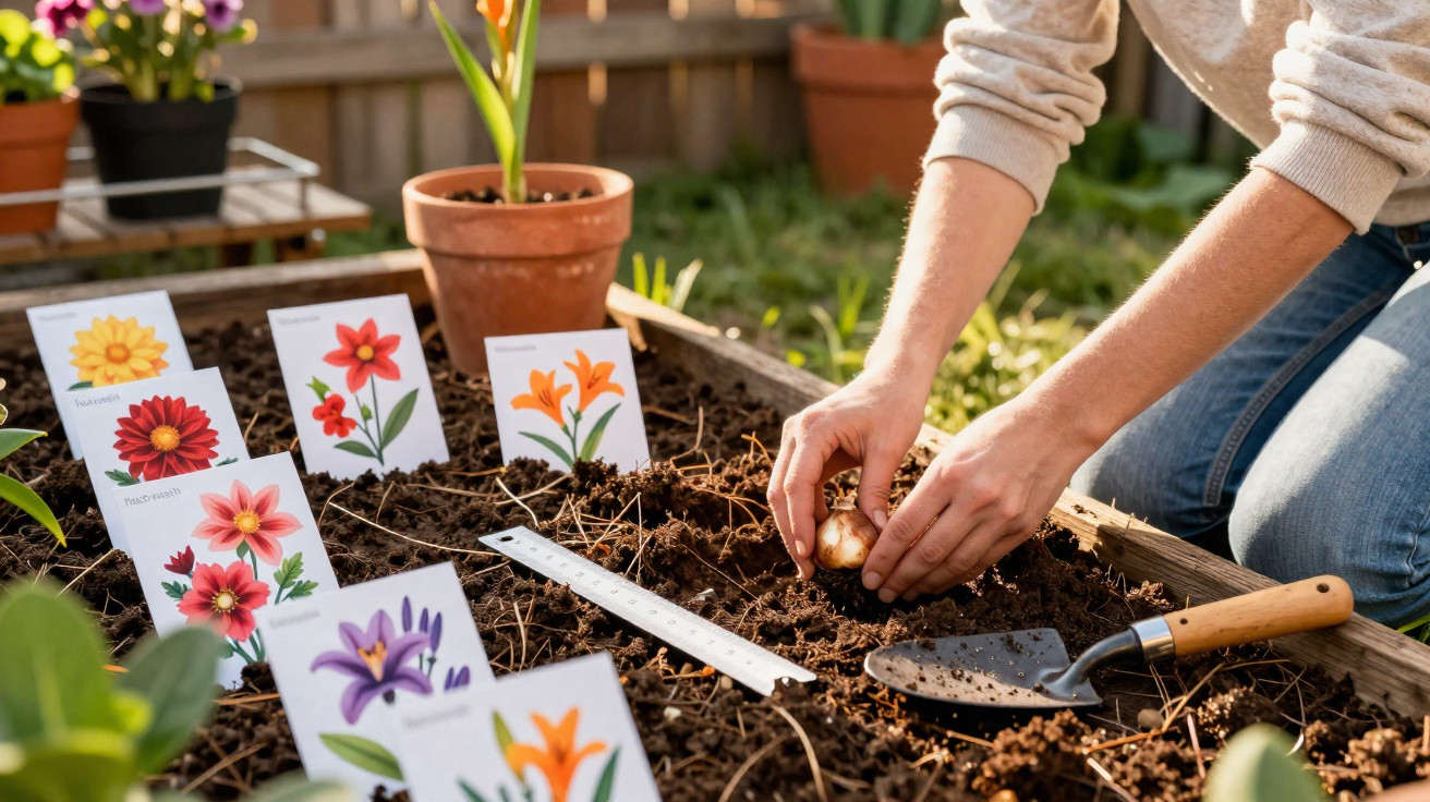 Person pflanzt Blumenzwiebel in Hochbeet mit Pflanzenschildchen und Gartenschaufel bei Sonnenschein.