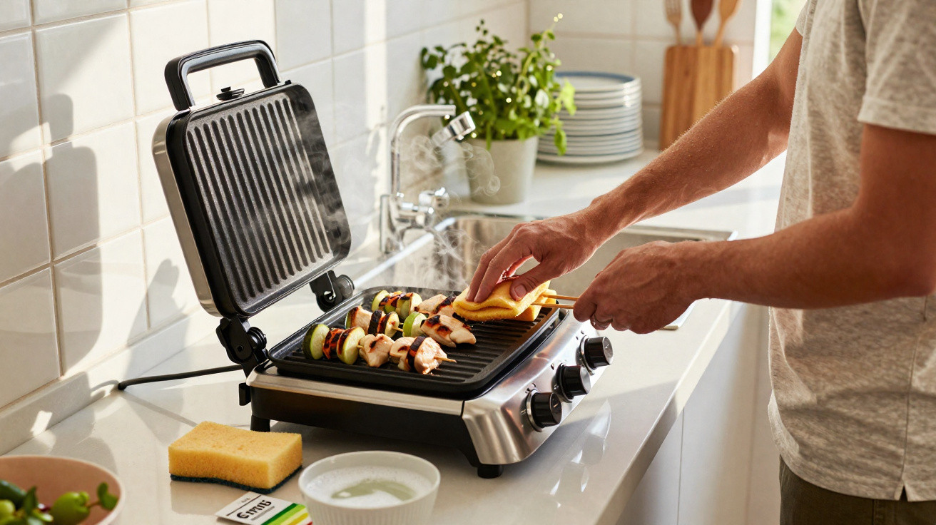 Person reinigt elektrischen Grill mit Schwamm in moderner Küche, dampfende Gemüsespieße darauf liegend.