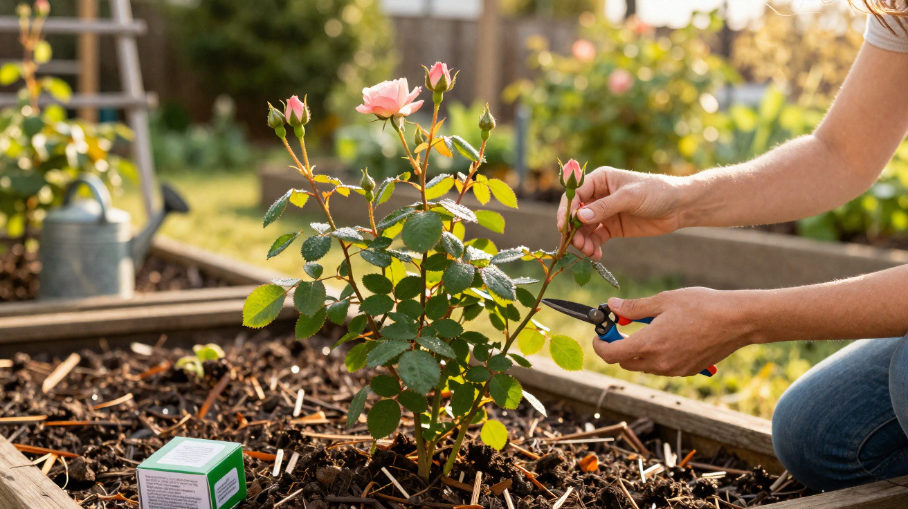 Person schneidet eine rosa Rose in einem Hochbeet in einem sonnigen Garten zurück.