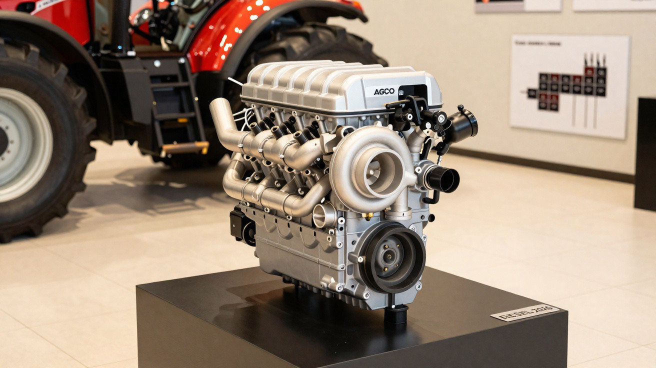 Moderner AGCO Dieselmotor auf schwarzem Podest, mit Traktor im Hintergrund in Ausstellungshalle.