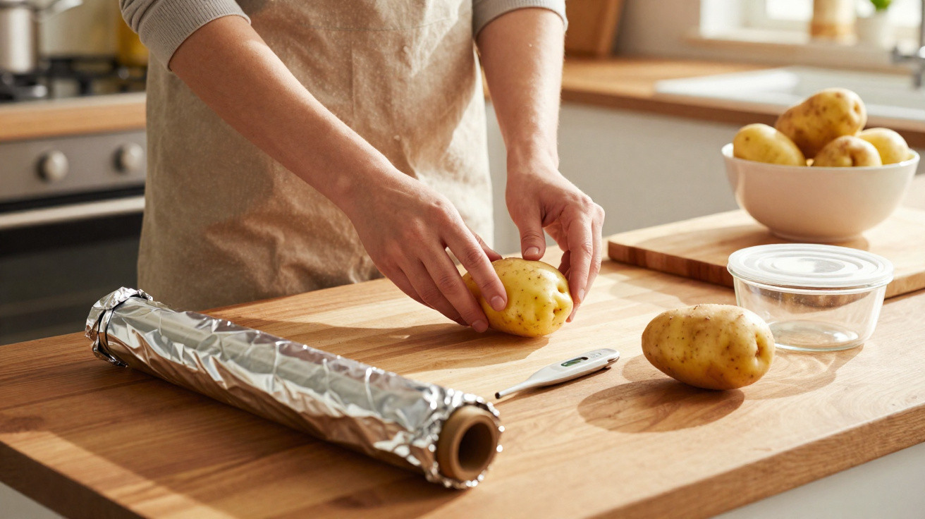 Person bereitet rohe Kartoffeln auf Holzarbeitsplatte mit Alufolie und Küchenthermometer vor