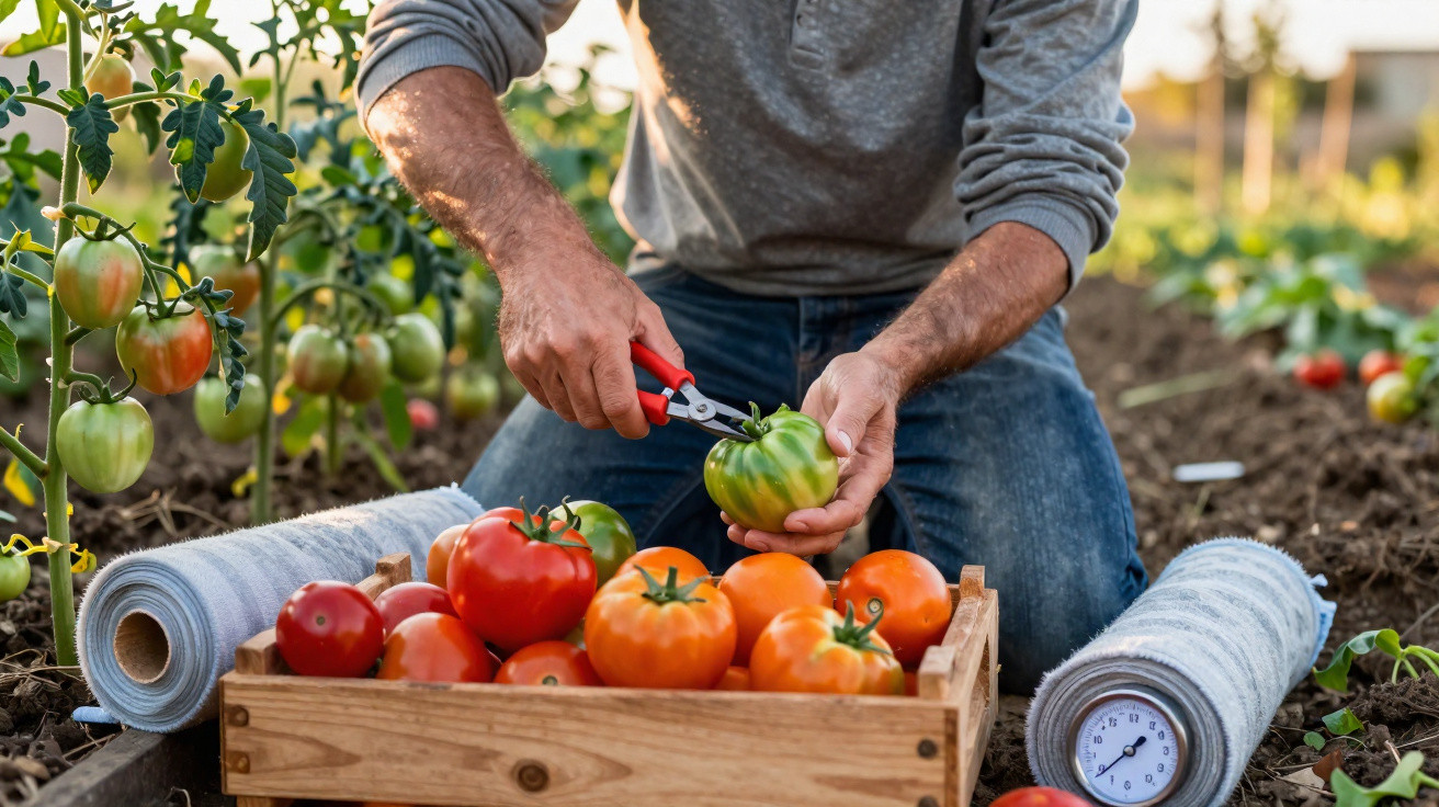 Gärtner erntet grüne Tomate mit Gartenschere in einem Beet, Kiste voller roter und orangefarbener Tomaten liegt daneben.