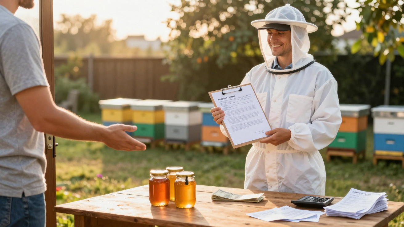 Imker im Schutzanzug verkauft Honiggläser an Kunden im Freien vor Bienenstöcken.