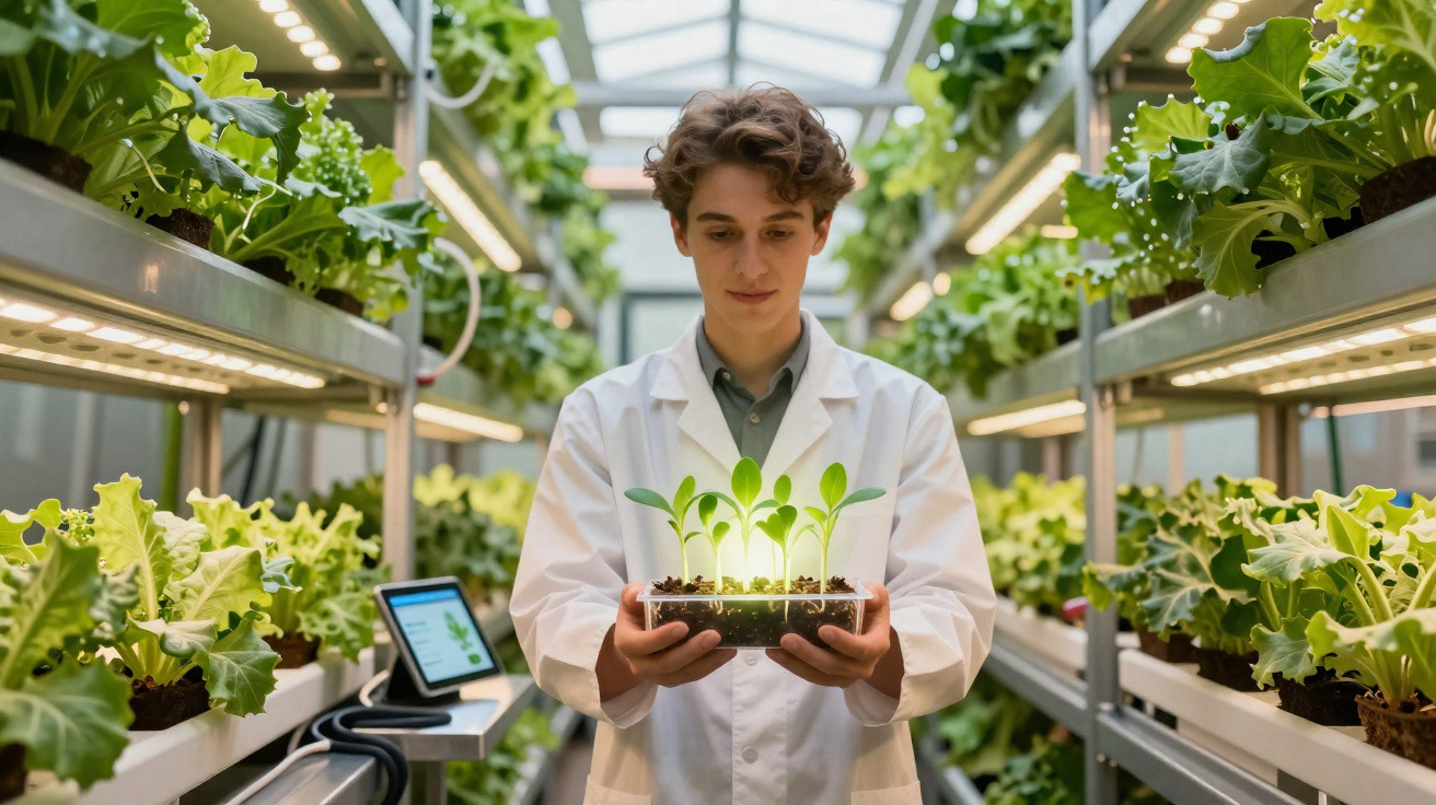 Junger Wissenschaftler hält Pflanzenschale in hydrokultureller Gewächshausumgebung mit LED-Beleuchtung.