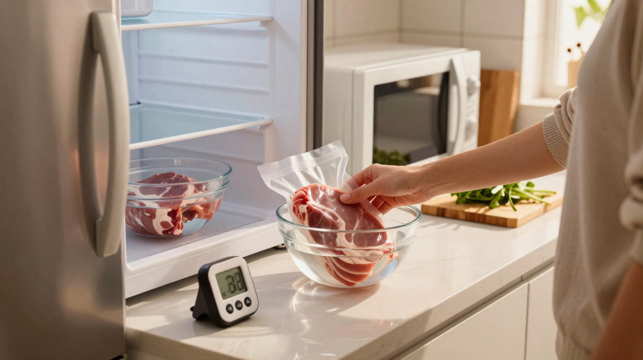 Hand legt vakuumverpacktes rohes Fleisch vor Kühlschrank mit Schüssel und Küchentimer auf der Arbeitsplatte ab.