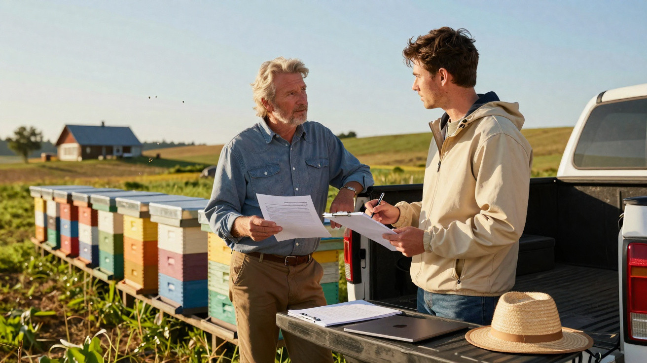 Zwei Männer diskutieren neben einem Pickup mit Papieren vor bunten Bienenstöcken auf einem Feld.