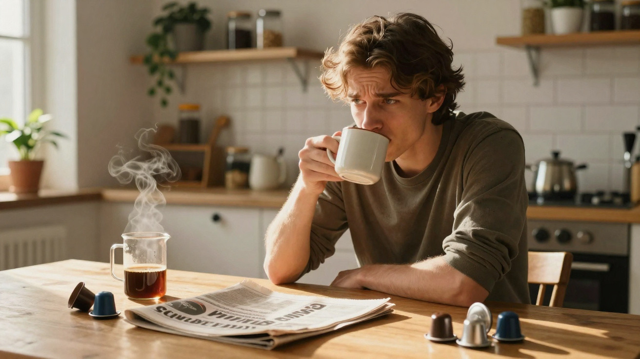 Junger Mann trinkt Kaffee in der Küche, Zeitungen liegen auf dem Tisch neben dampfender Tasse.