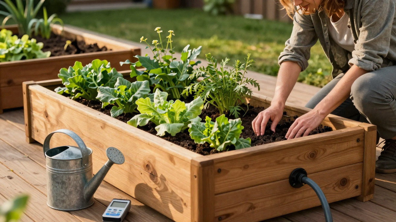 Frau bepflanzt Hochbeet im Garten, daneben Gießkanne und digitales Messgerät auf Holzterrasse.