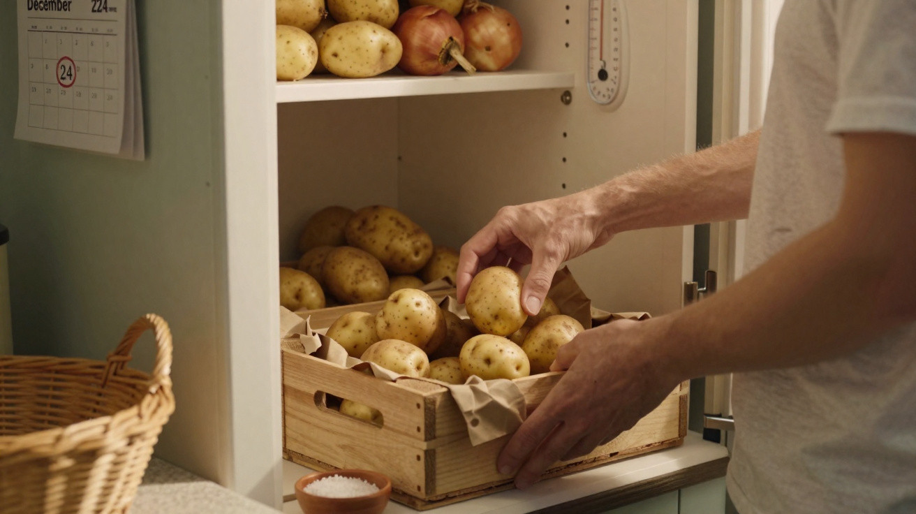 Person legt Kartoffeln in Holzkiste in Speisekammer mit Zwiebeln und Kalender an der Wand.