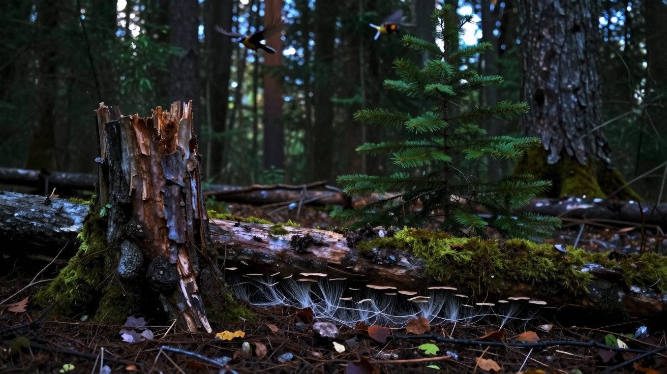 Verwunschener dunkler Wald mit Pilzen auf moosbedecktem Boden und einem kleinen Fichtenbaum im Hintergrund.