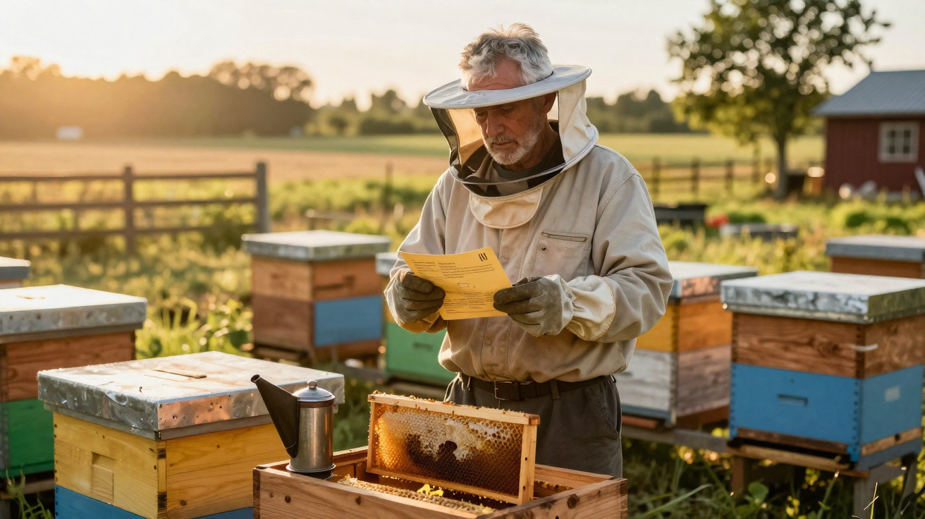 Imker in Schutzkleidung untersucht Bienenstock und liest Anleitung bei Sonnenuntergang auf dem Feld.