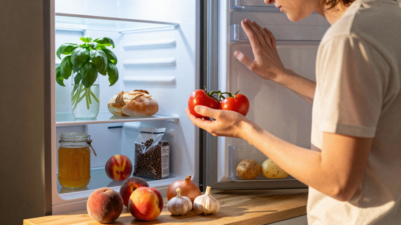 Person hält Tomaten vor offenem Kühlschrank mit Brot, Honig, Obst, Gemüse und Kräutern auf der Ablage.