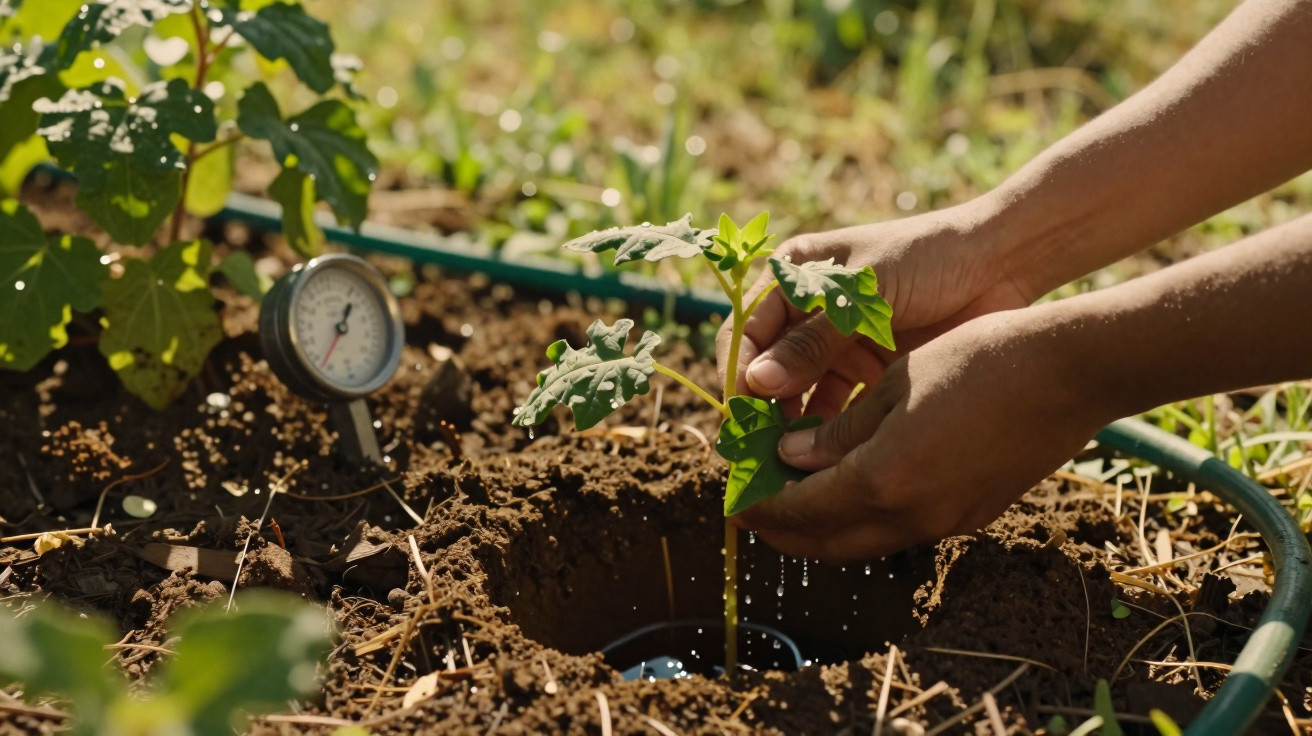 Zwei Hände pflanzen einen jungen Setzling in feuchte Erde, Gartenbewässerung und Feuchtigkeitsmesser im Hintergrund.