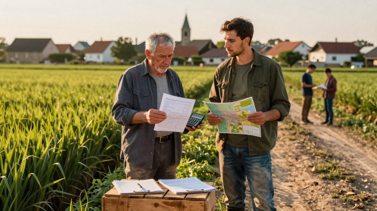 Zwei Landwirte besprechen Pläne und Karten auf einem Feldweg mit ländlicher Kulisse im Hintergrund.