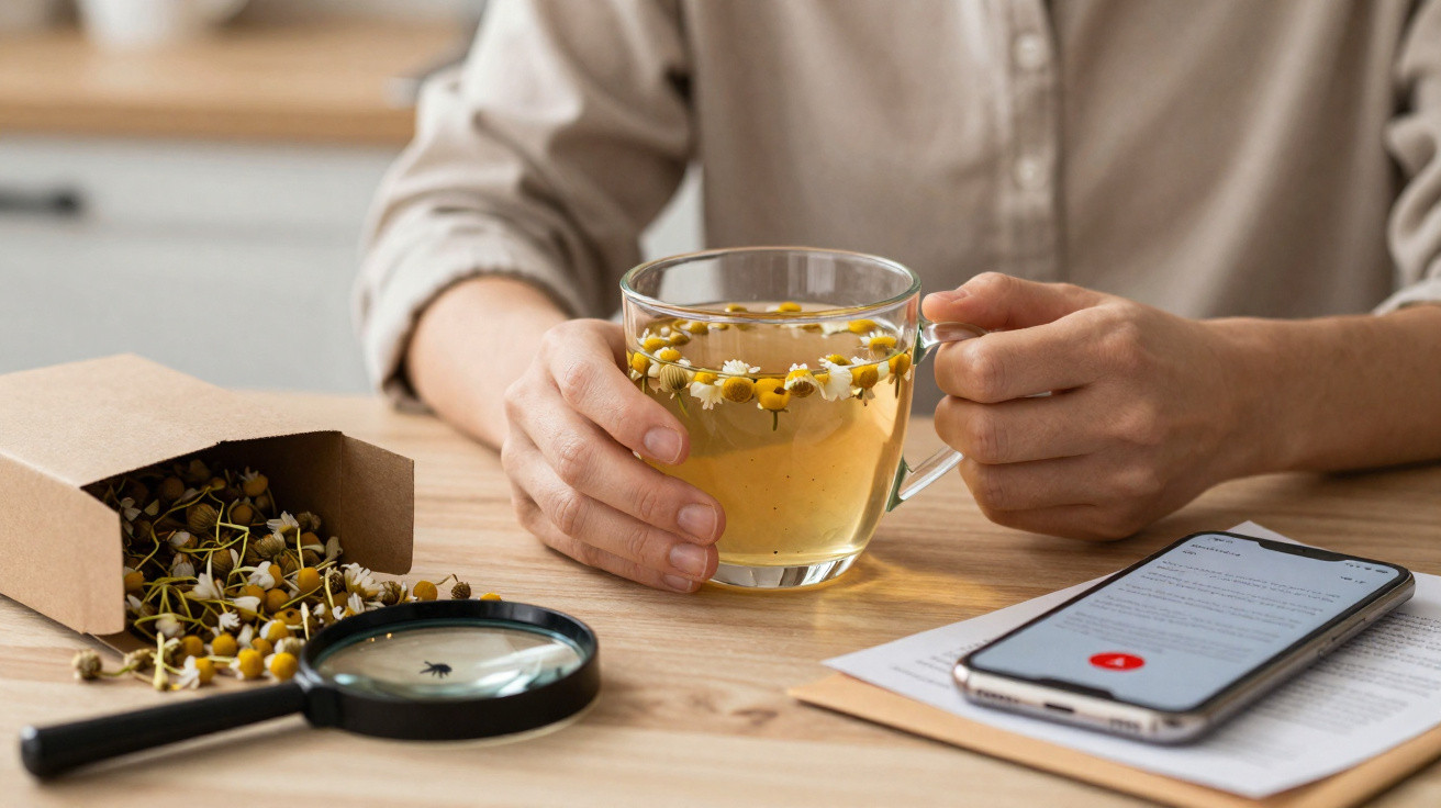 Person hält eine Tasse Kamillentee, neben Lupe mit Insekt, getrockneten Kamillenblüten und Smartphone auf Tisch