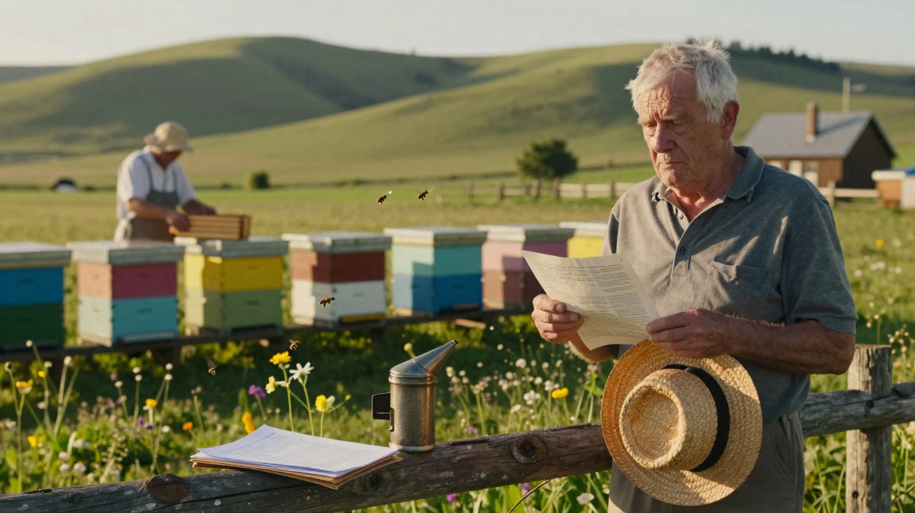 Älterer Imker hält Dokument, neben ihm Bienenstöcke und ein Smoker im blühenden Feld bei Sonnenlicht.