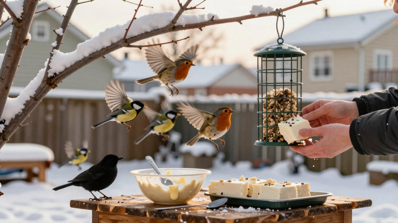 Vögel im Flug fressen Futter von Hand und Vogelfutterspender im verschneiten Garten im Winter.