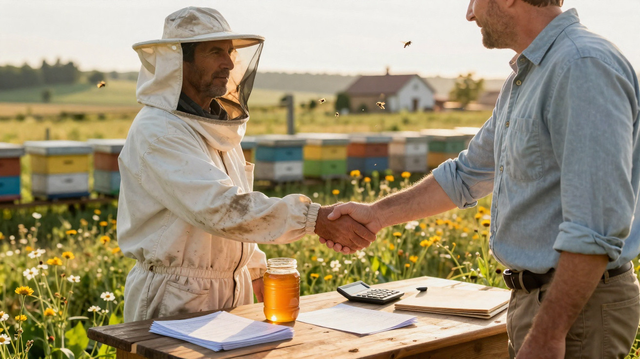 Imker im Schutzanzug und Mann schütteln Händchen bei Honigverkauf im Blumengarten mit Bienenstöcken im Hintergrund.