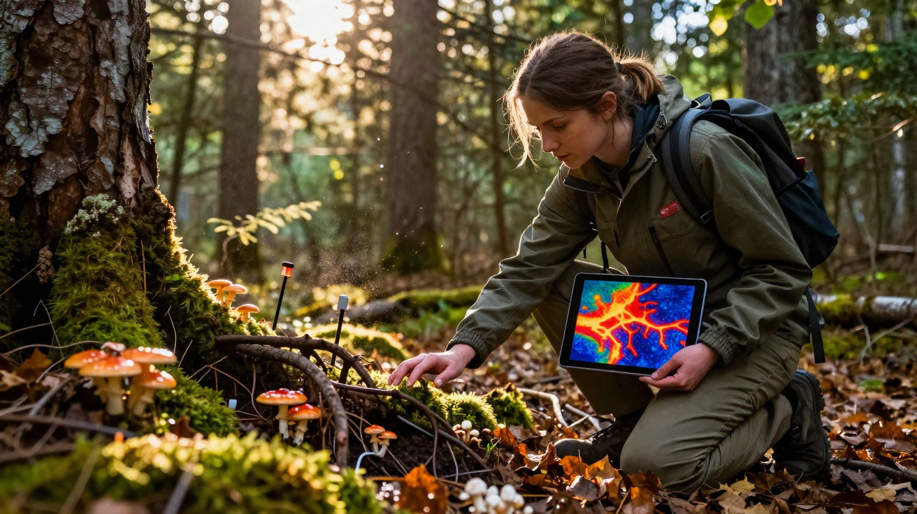 Frau untersucht im Wald Pilze, hält Tablet mit bunter wissenschaftlicher Darstellung in der Hand.