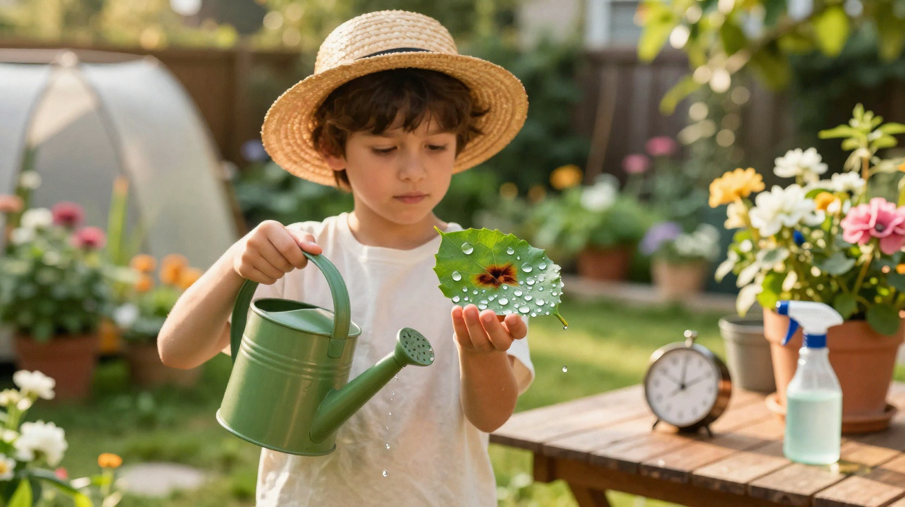 Kind mit Strohhut gießt Wasser auf ein Blatt mit Wassertropfen im sonnigen Garten.