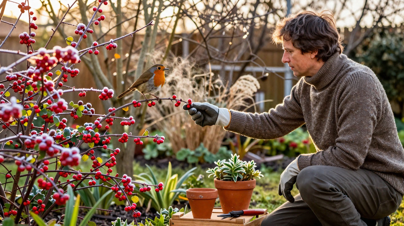 Mann im Garten füttert mit Handschuhen ein Rotkehlchen auf einem Zweig mit roten Beeren bei Sonnenuntergang.