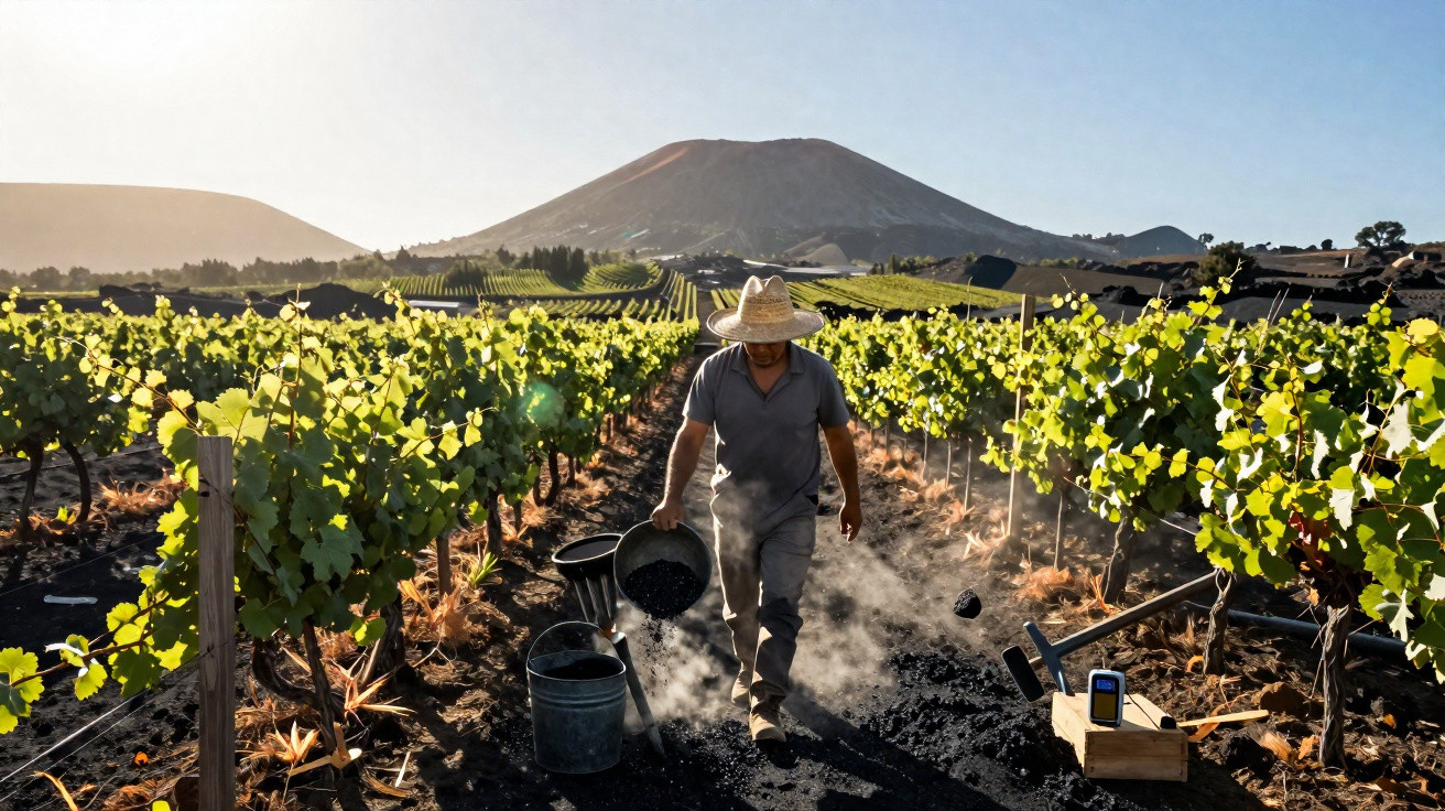 Ein Landwirt in Strohhut pflegt Weinreben auf vulkanischem Boden mit Bergen im Hintergrund im Gegenlicht.