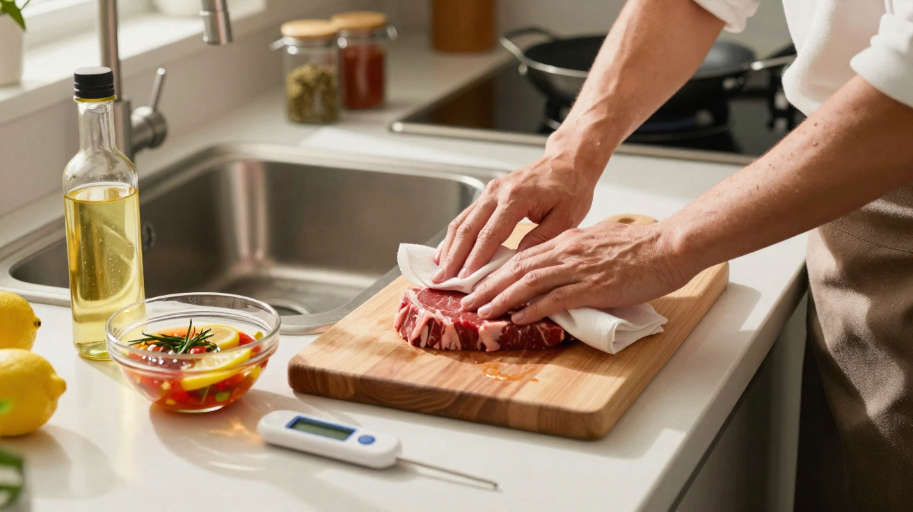 Person trocknet rohes Steak auf einem Holzschneidebrett in einer hellen Küchengranze.