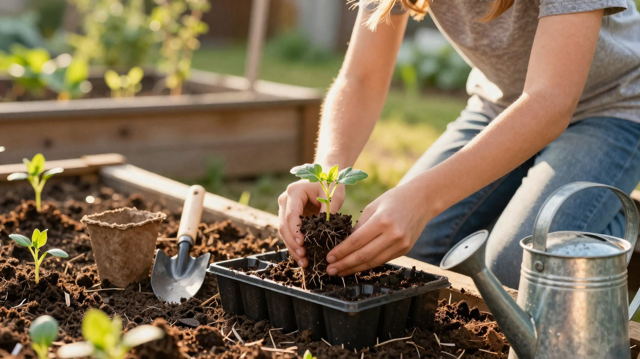 Person pflanzt junge Setzlinge in Gemüsebeet mit Gartenwerkzeugen und Gießkanne bei sonnigem Wetter.